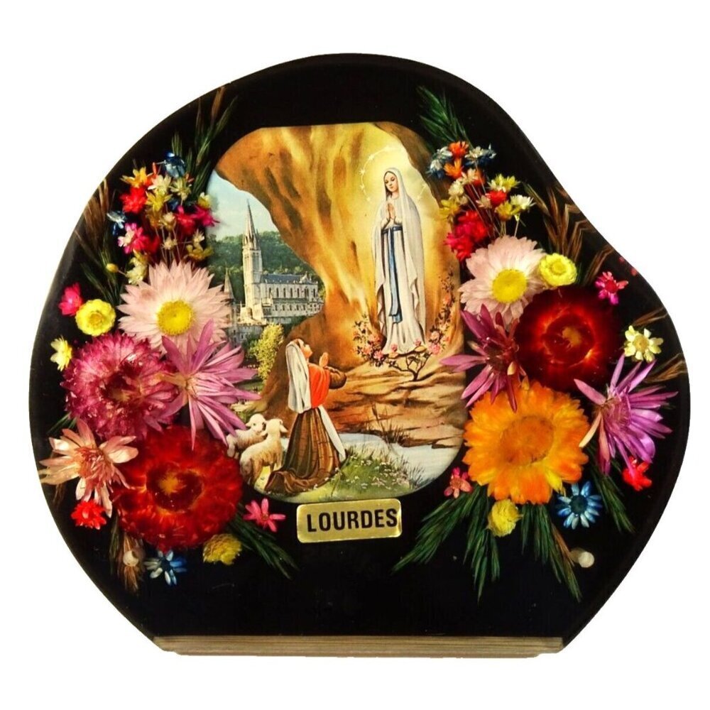Vintage Our Lady of Lourdes Tabletop Clear Acrylic or Lucite Floral Shrine